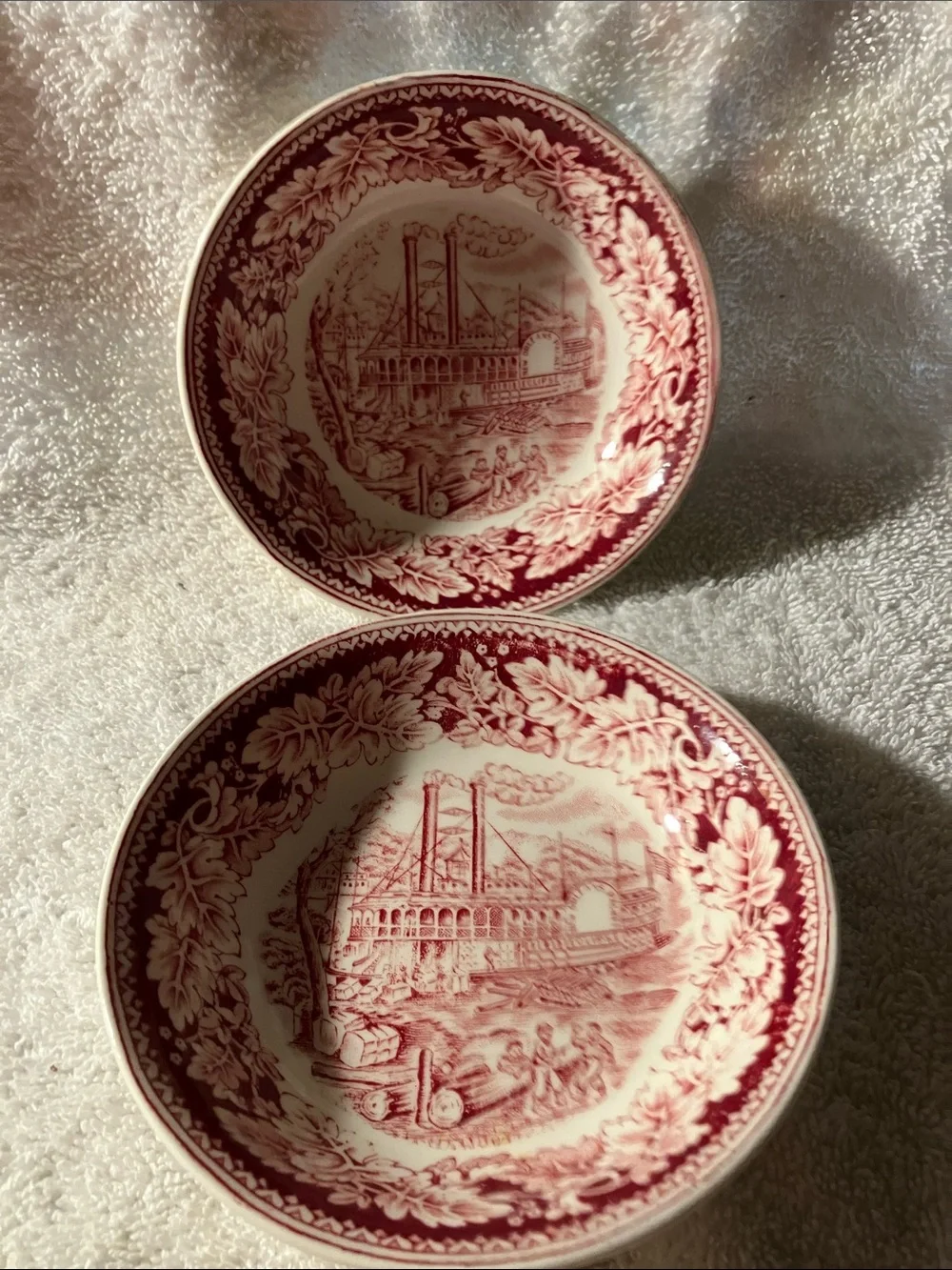 Vintage Red Transferware Decorative Bowl Pair - Classic Red Steamboat 5 1/4” x2